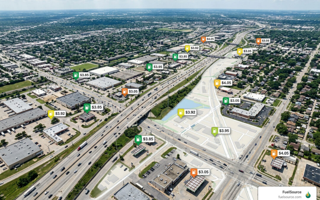 digital map showing color-coded fuel stations and diesel price comparisons