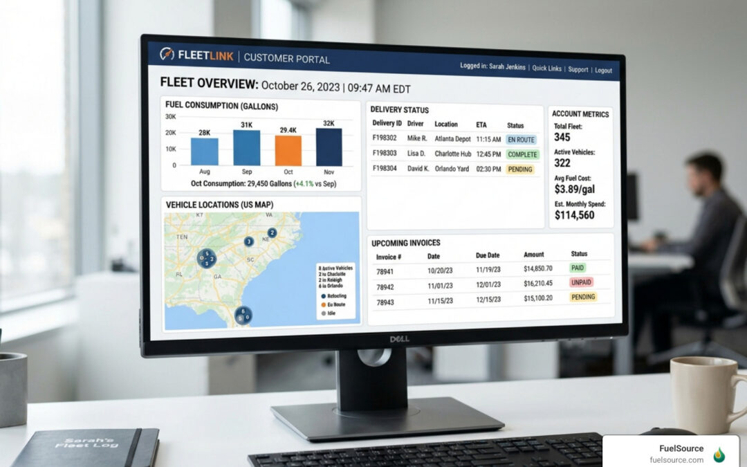 fleet fueling customer portal dashboard showing real-time fuel data - fleet fueling customer portal