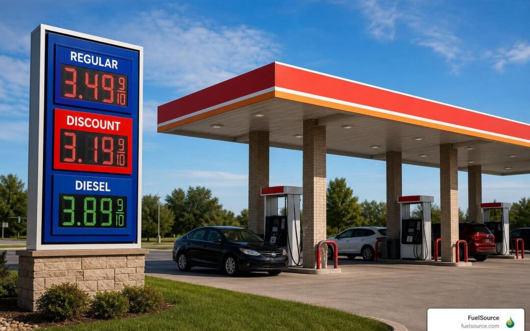 Circle K gas station pump with price sign showing discount