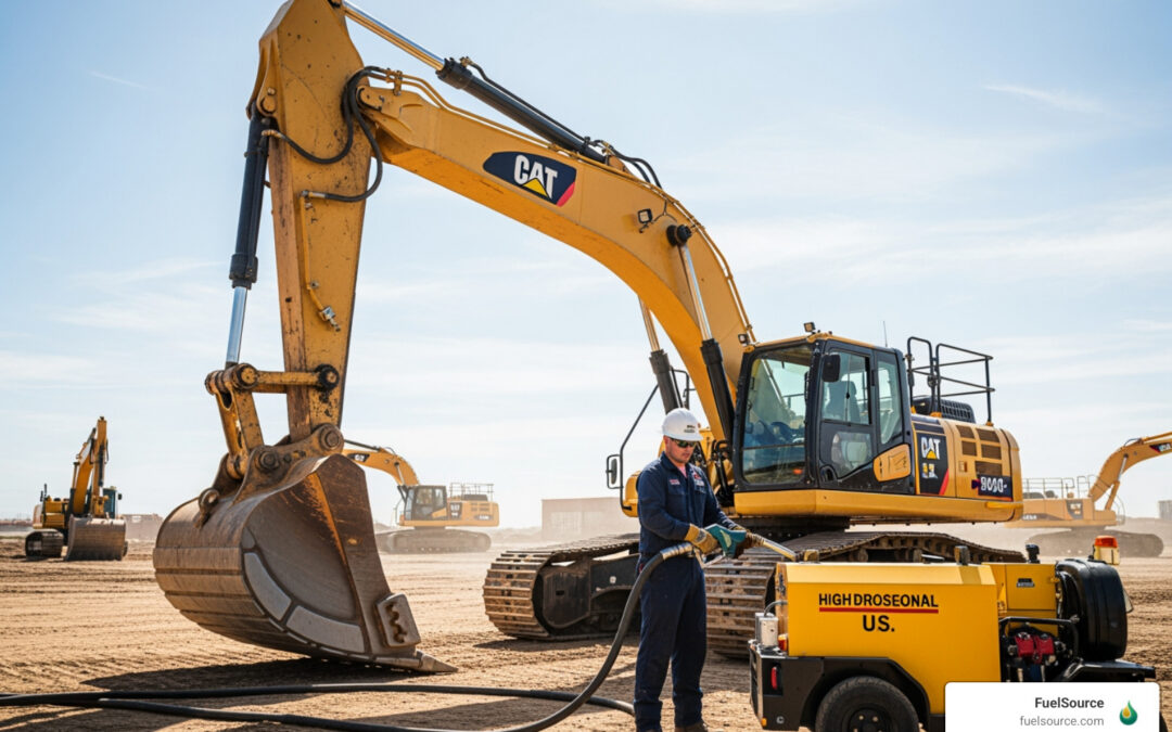 Technician using a high-flow mobile fueling nozzle to refuel a heavy excavator on a construction site